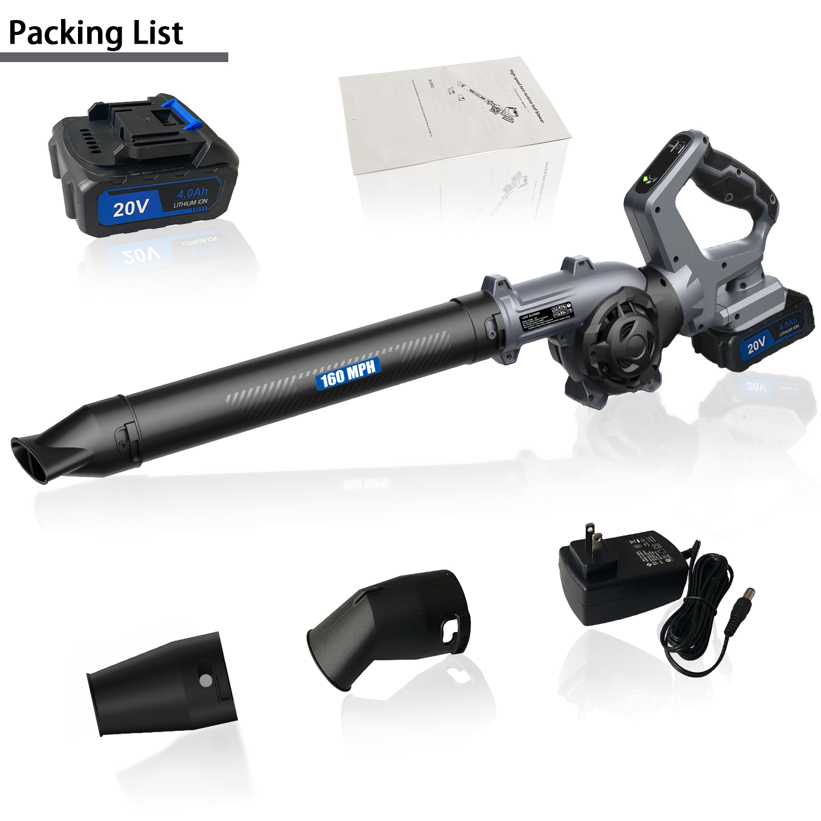 COOKEY Leaf Blower Cordless, 160 CFM & 3 Speed Levels Brushless Electric Blower with 4.0Ah Battery and Charger, 3 Extension Tubes, Lightweight Battery Leaf blower for Lawn Care,Garage, Garden, Yard