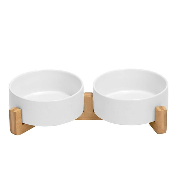 Amorvolat Ceramic Dog and Cat Bowl with Wood Stand Non-Slip Matte Glaze Weighted Food Water Set for Cats &Small Dogs 13.5 OZ White