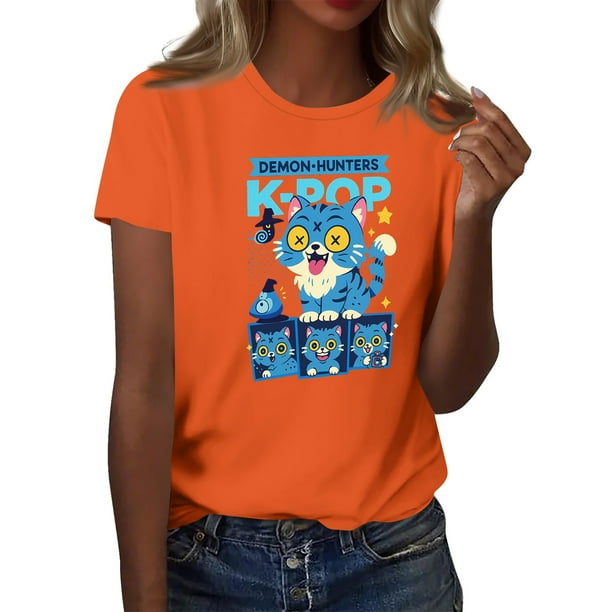 Pop cazadora para niña Demon Hunters Round-Neck Printed Anime Trio Poster T Shirt (Saffron)