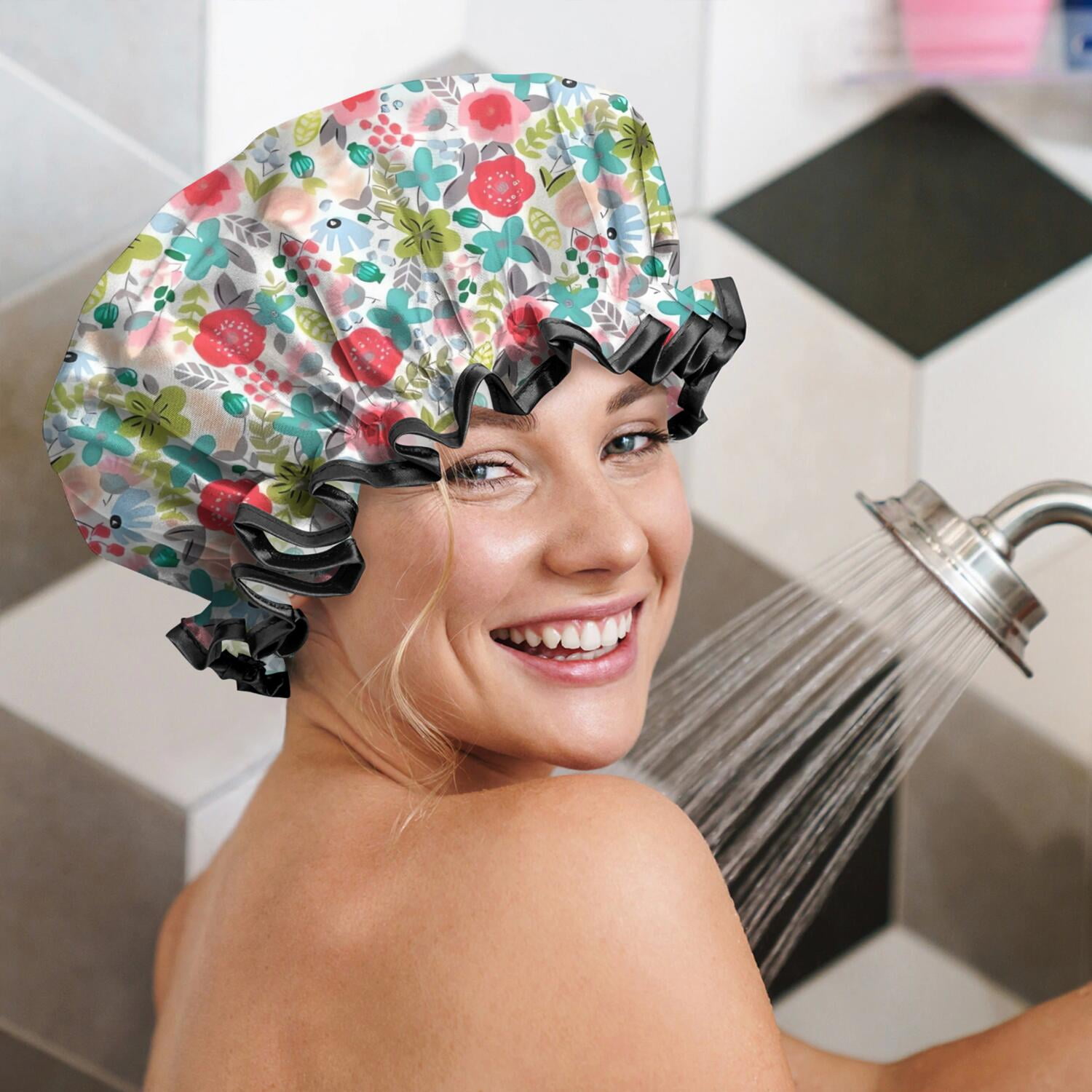 Shower Caps,Pioneer Flower Floral Print Pattern Waterproof Shower Cap for Women 4 Pieces,Double Reusable Hair Cover for Shower PEVA Elastic Stretch Hem