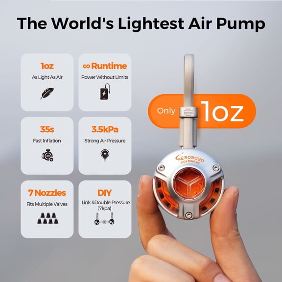 Aerogogo GIGA Pump Air Pump for Inflatables, Only 1oz Ultra-Mini Portable Air Mattress Pump for Ultralight Camping Gear, Pool Floats Air Bed Air Mattress(Silver)