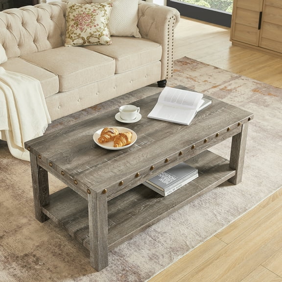 Morden Fort Coffee Table Rectangular Farmhouse Wood Table with Storage Shelf, Distressed Wood Finish, Rustic Accent Table for Living Room, Office, 47.25" L x 23.75" W x 19" H