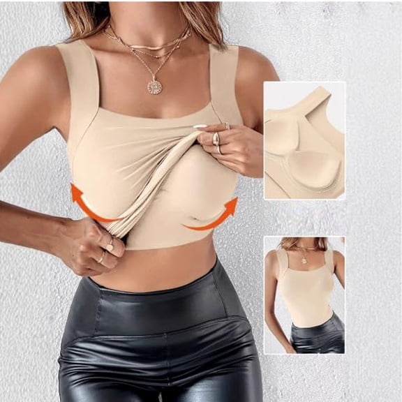 Stichou Womens Tank Tops with Built in Bra 2026 Comfort U Neck Shapewear Shirts High Strechy Sleeveless Slim Fit Clothes Beige 2XL