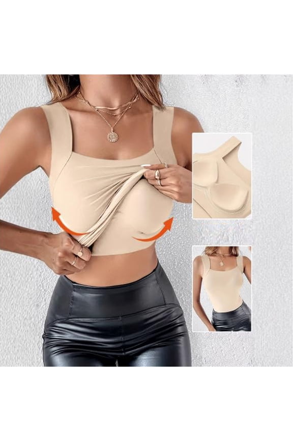 High Stretch Built-in Bra Tank Top - Women's U Neck Sleeveless Shapewear, Slim Fit Camisole with Supportive Bra