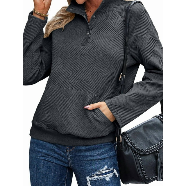 Chandail Décontracté à Manches Longues Texturé Col en V Boutonné Ample Tendance Automne Gris Foncé TG