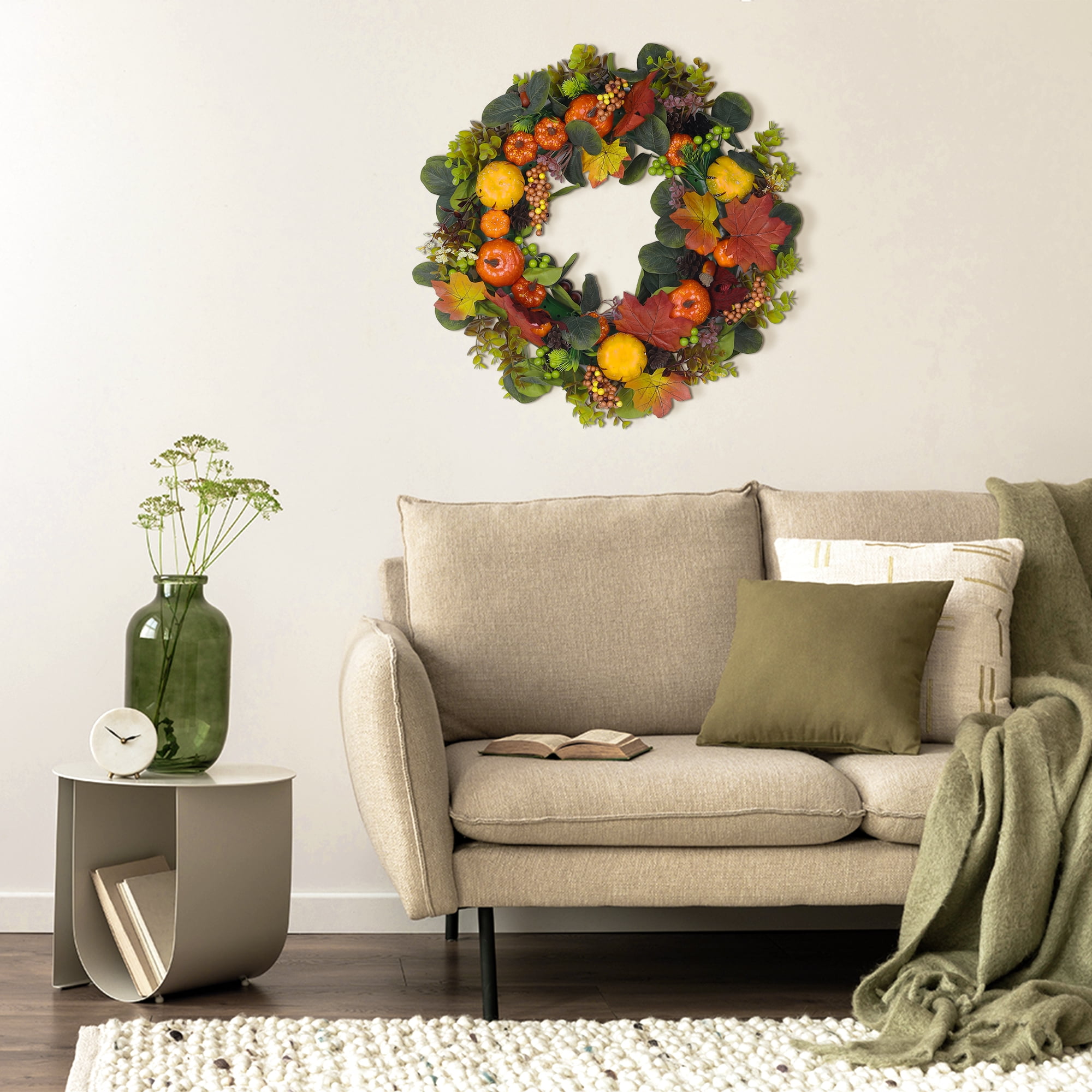 Unique Bargains Halloween Pumpkin Wreath Front Door Decor with Berries Maple Leaves Yellow