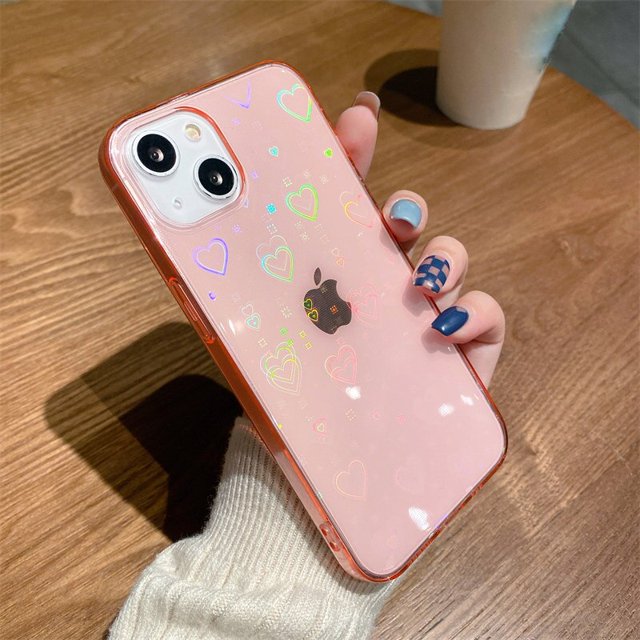 Funda de teléfono transparente con patrón de corazón de amor y láser degradado a la moda para iPhone 13 11 12 14 Pro Max X XS XR 7 8 Plus SE2 parachoques a prueba de golpes Tan Jianjun unisex