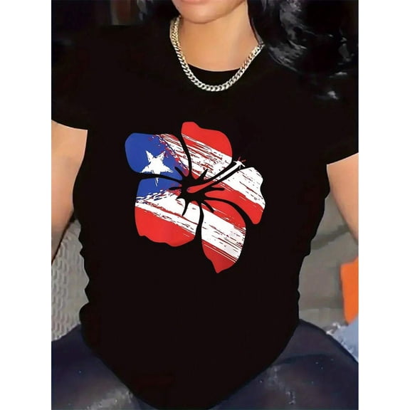 【New Arrival】Puerto Rico Flag Hibiscus Flower Graphic T-Shirt, Cotton Crew Neck Short Sleeve Tee, Caribbean Cultural Casual Wear Puerto Rican Heritage Gift