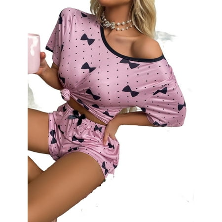

Round Neck Cute Polka Dot Short Sets Lilac Purple Short Sleeve Women Pajama Sets