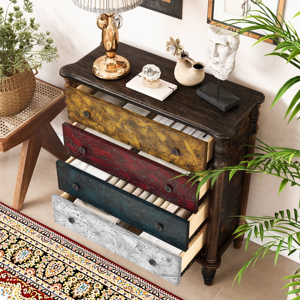 Farmhouse 32 Tall Chest of Drawers Narrow 4-Drawer Wood Dresser for Bedroom Closet & Hallway Rustic Storage Cabinet with Solid Pine Legs Colorful Finish