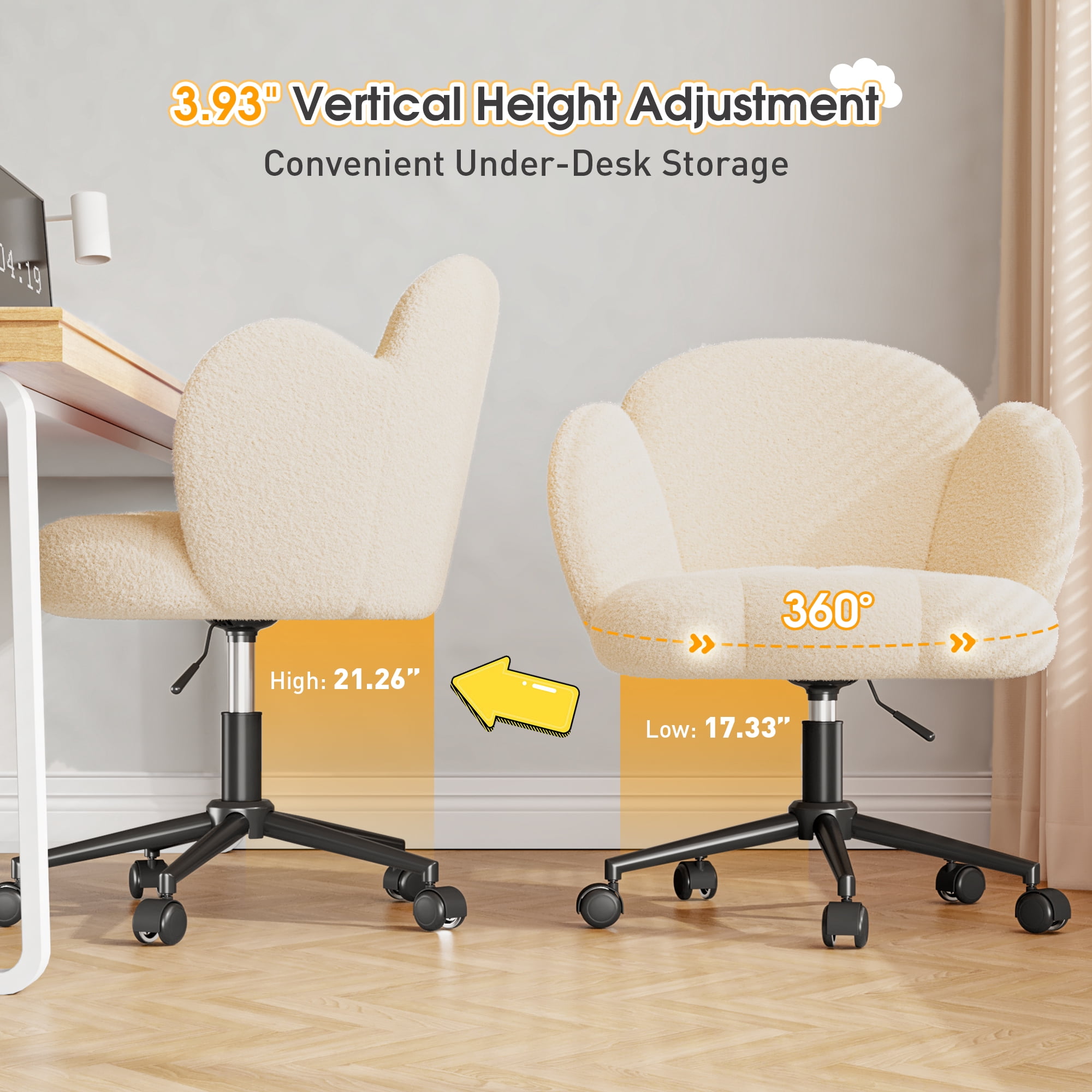 Romorgniz Vanity Chair with Back & Wheels Upholstered Desk Chair Height Adjustable Teddy Velvet Computer Task Chairs for Home Office, Beige