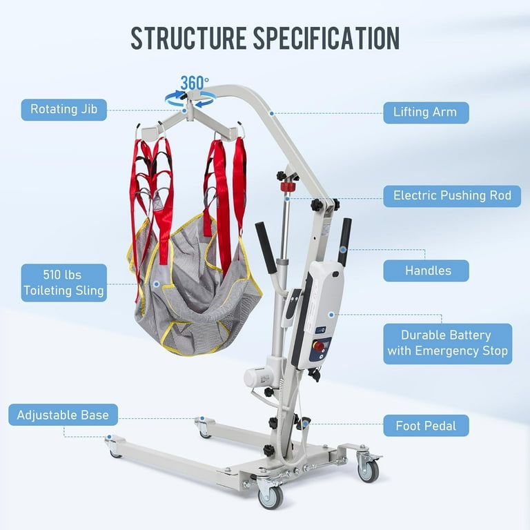 Naipo Electric Transfer Patient Lift, Medical Carbon Steel Body Transfer Lift w/Sling for Seniors, Bed & Chair Use, 510lb Weight Capacity, White