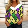thumbnail image 1 of UPPADA Femmes T-Shirts à Manches 3/4 Mardi Gras Yall T-Shirts à Imprimé Floral Col Rond Blouse à devant Plissé Hauts d'Été Décontractés Chandail à Enfiler Haut Mode Fête Défilé Hauts pour Femmes Hauts à Manches 3/4 Économie, 1 of 5