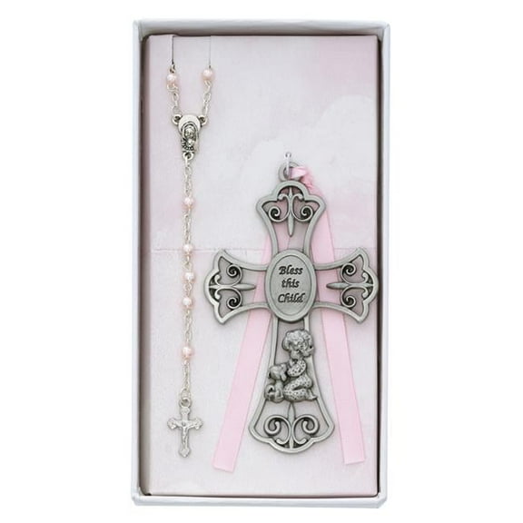 McVan BS59 3 mm Baby Girl & Puppy Crib Cross Rosary Set - Silver & Blue
