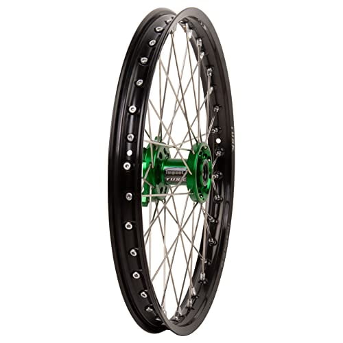 Tusk Impact Complete Wheel - Front 21 x 1.60 Black Rim/Silver Spoke/Green Hub for Kawasaki KX Model's 2004-2026, see description for fitment details.