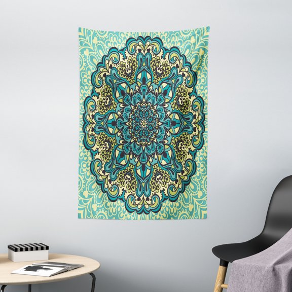 Ethnic Tapestry, Abstract Flower Arrangement Mandala Style Nature Elements Vibrant, Wall Hanging for Bedroom Living Room Dorm Decor, 40W X 60L Inches, Turquoise Teal Pale Yellow, by Ambesonne