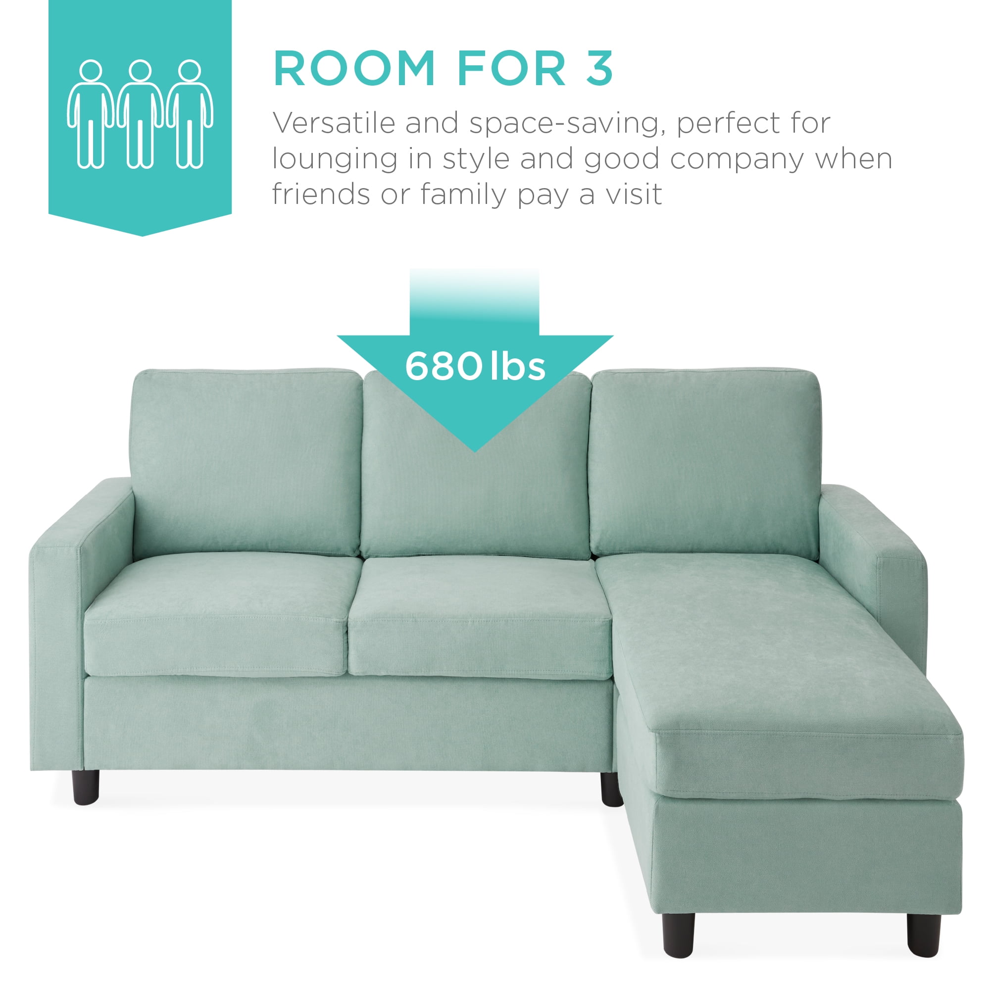 Best Choice Products Linen Sectional Sofa Couch w/ Chaise Lounge, Reversible Ottoman Bench - Aqua