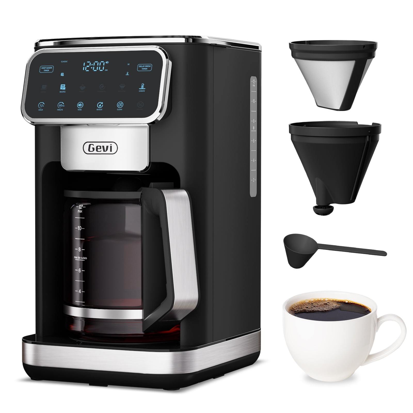 Gevi 12-Cup Programmable Drip Coffee Maker, Touch Screen Control, Auto Shut-Off, Iced Coffee Function, Anti-Drip System - Perfect for Home & Office