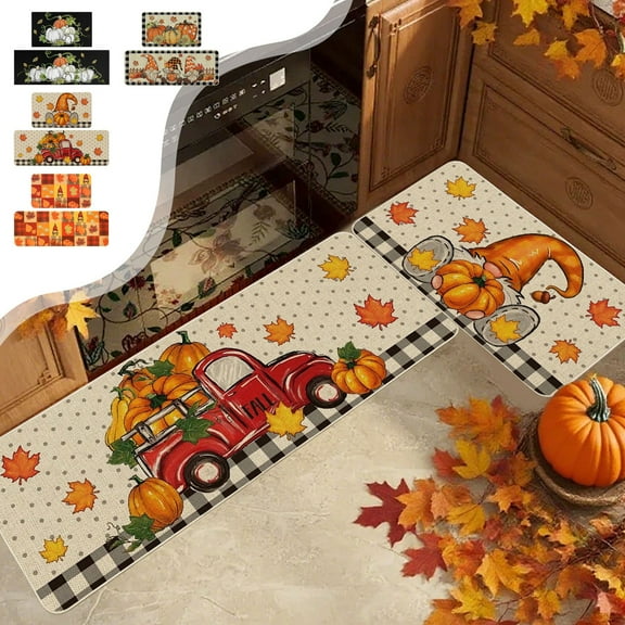 PALIFEUR Fall Kitchen Rugs Set of 2, Non Slip Washable Fall Decor Pumpkin Maple Leaf Kitchen Mats for Floor, Soft Thick Halloween Rug Thanksgiving Mat for Home Holiday Party Halloween Decoration