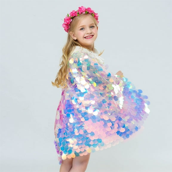 WOYY Big Girls Sparkly Sequins Shawl Cloak Glitter Cardigan Poncho Cape Coat Outerwear
