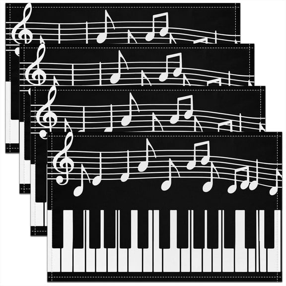 Music Theme Placemats Black White Piano Keyboard Table Mats for Kids Teens Adults Music Notes Staff Geometric Lines Kitchen Mats for Dining Table 12x18 Inch Set of 4