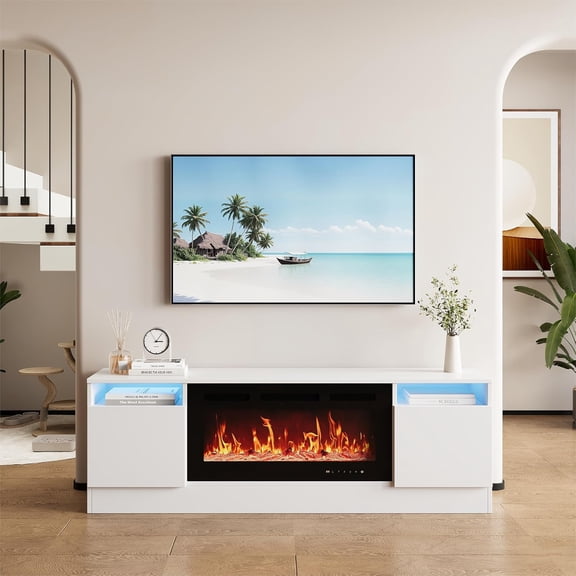 Homhougo Modern Entertainment Center with Storage Cabinet Up to 75" TV, White Modern TV Stand for Living Room (Not Included Fireplace)