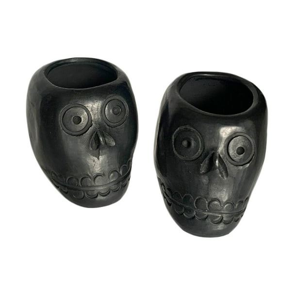 Black Clay Skull Shot Glasses Made in Mexico 3oz Capacity (Set of 2