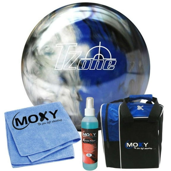 Brunswick T-Zone Indigo Swirl Bowling Ball | Moxy Strike Royal Bowling Bag | Moxy Blue Micro Fiber Towel | Moxy Xtreme Power Cleaner Package