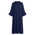 thumbnail image 4 of FDGIU Women's Collared V Neck Half Button Bell 3/4 Sleeve Loose Linen Midi Dress, Casual Office Work Spring Fall Home Lounge Straight Mid Length Dresses, 4 of 6