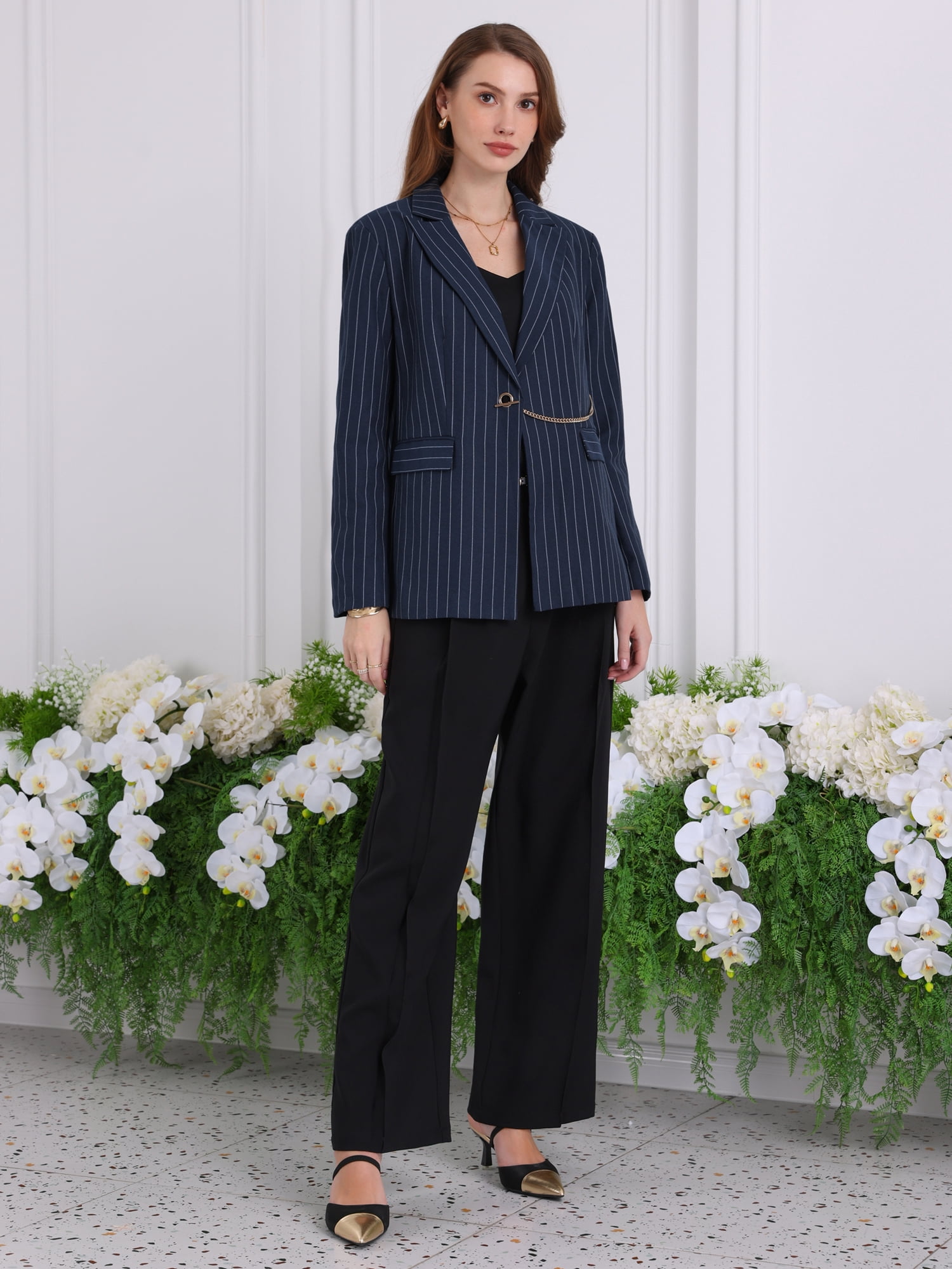 DARING DIVA Women's Striped Lapel Collar Chain Decor Long Sleeve Blazer L Navy Blue