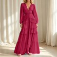thumbnail image 2 of ZHOGXU Fashion Womens A Line Midi Dresses Solid Color V Neck Long Sleeve Regular Fit Office Daily Wear, 2 of 6