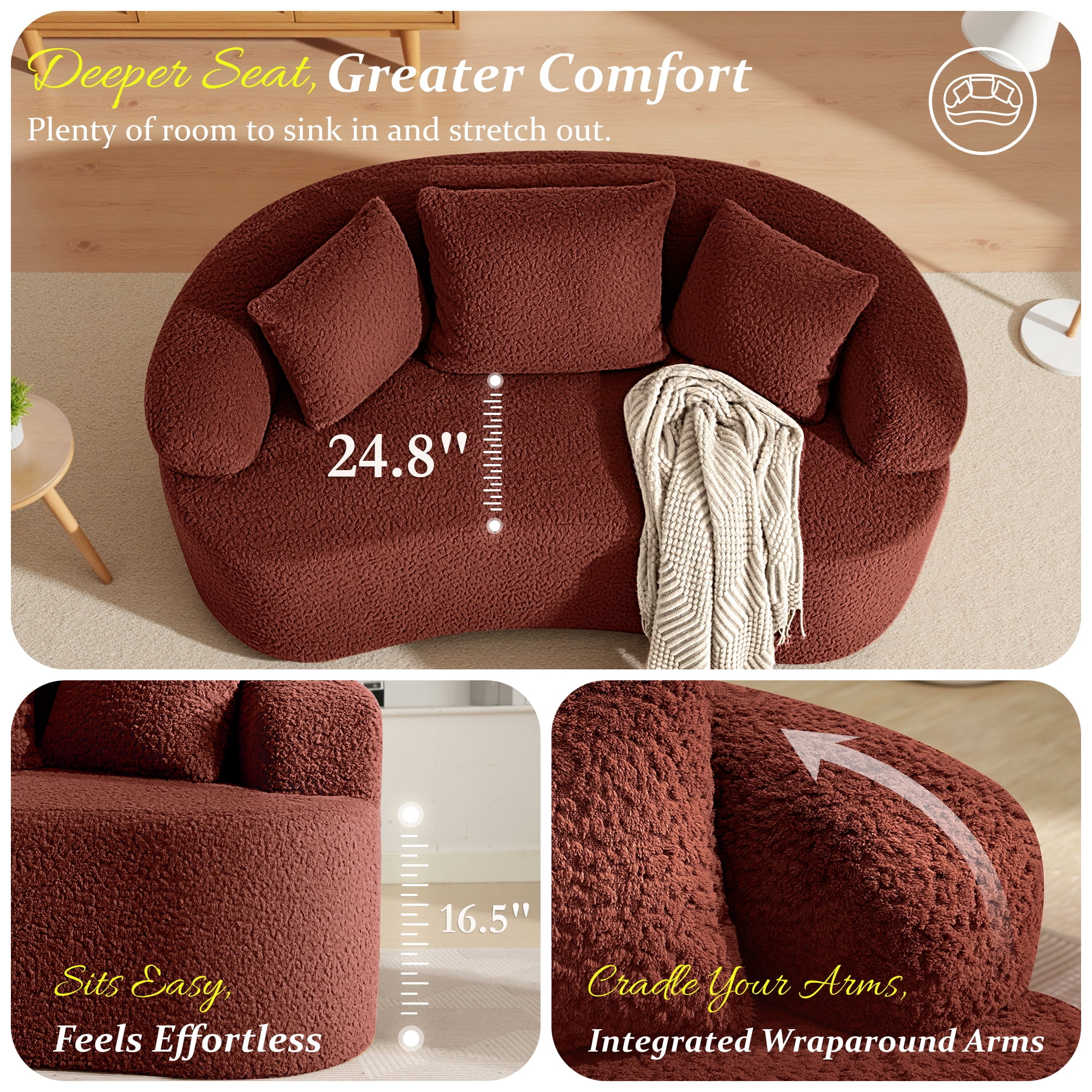 COOLHUT 65" 3 Seater Sofa Couch, Plush Floor Sofa Couch with Cozy Cushions & 3 Pillows, Curved Back Teddy Fabric Sofa for Living Room, Small Space, Red (Sofa-in-a-Box)