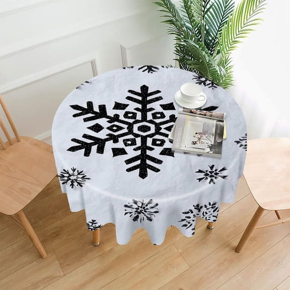 RKSupls 60 Inch Round Tablecloth, Black Snowflake White Premium Polyester Straight Edge Wrinkle Resistant Washable Table Cover for Party Home Dining Decor