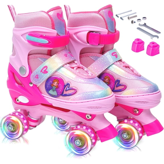 Bvivok Roller Skates for Girls, Size M (2Y-5.5Y), Light-Up Wheels, 4 Adjustable Sizes, Beginner Friendly, Princess Pink