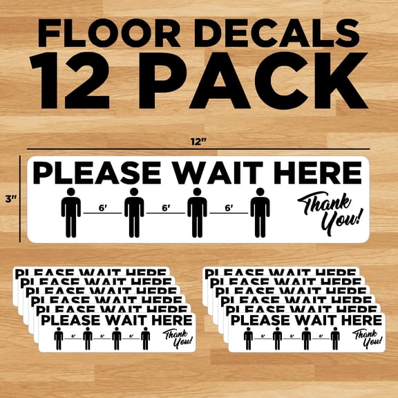 6ft Distance Markers Removable Floor Decals for Social Distancing 3"X12" (Pack of 12) - Please Wait HERE