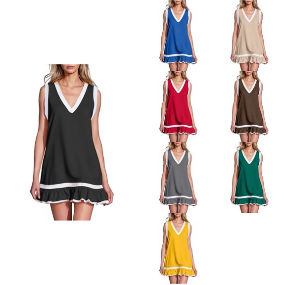 Antinious Ladies Sleeveless Round Neck Solid Lightweight Summer Casual Dresses