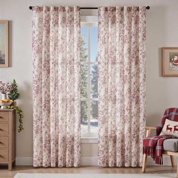 Linen Blend Floral Curtains for Living Room 84 Inch Length Red Printed Rod Pocket Cottage Core Back Tab Farmhouse Peony Patterned Drapes Bedroom Window Treatment 2 Panel Set