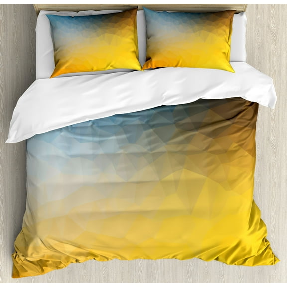 Yellow and Blue Duvet Cover Set, Abstract Polygon Style Fractal Gradient Geometric Background Art, Decorative 3 Piece Bedding Set with 2 Pillow Shams, Calking Size, Slate Blue Marigold, by Ambesonne