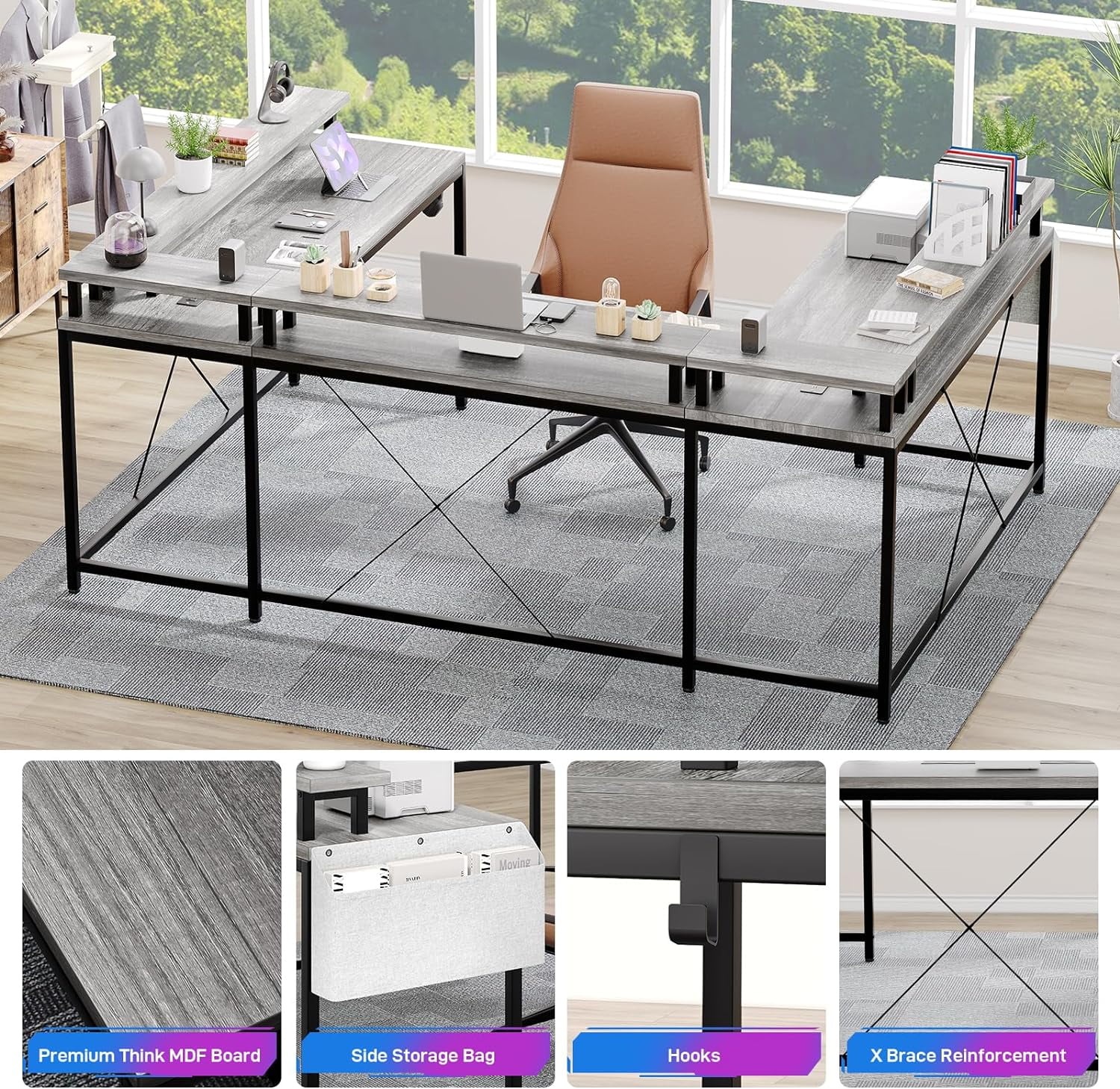 U Shaped Home Office Desk, Reversible L Shaped Gaming Computer Desk With Power Outlets,126 Inch Computer Desk With Monitor Stand and LED Lights,Storage Shelves,Storage Bag and Hooks（Grey Oak）