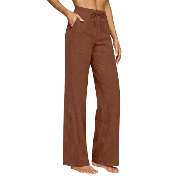 Jerdar Women's Casual Linen High Waist Comfy Drawstring Loose Wide Leg Yoga Dance Workout Pants with Pockets L