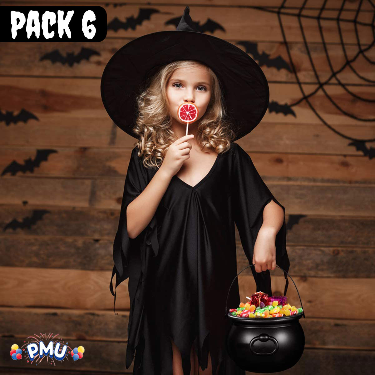 PMU Halloween Cauldron - 8 Inch Black Plastic Candy Holder for Kids - Halloween Party Favors & Supplies (6/pkg) Pkg/1 - image 2 of 7