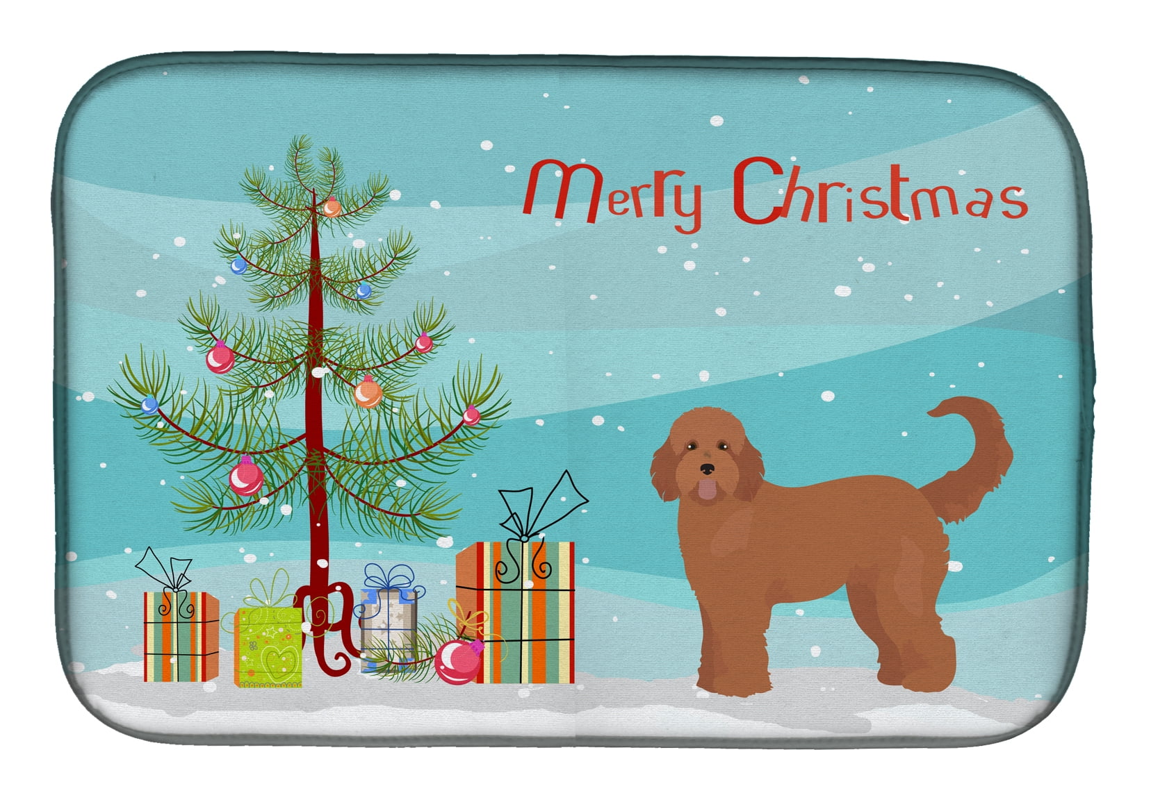 Tan Goldendoodle Christmas Tree Dish Drying Mat