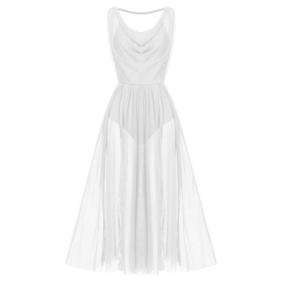 IDOPIP Women Lyrical Modern Contemporary Dance Costume Leotard V-Neck Backless Split Tulle Skirt Flowy Overlay Dress M White
