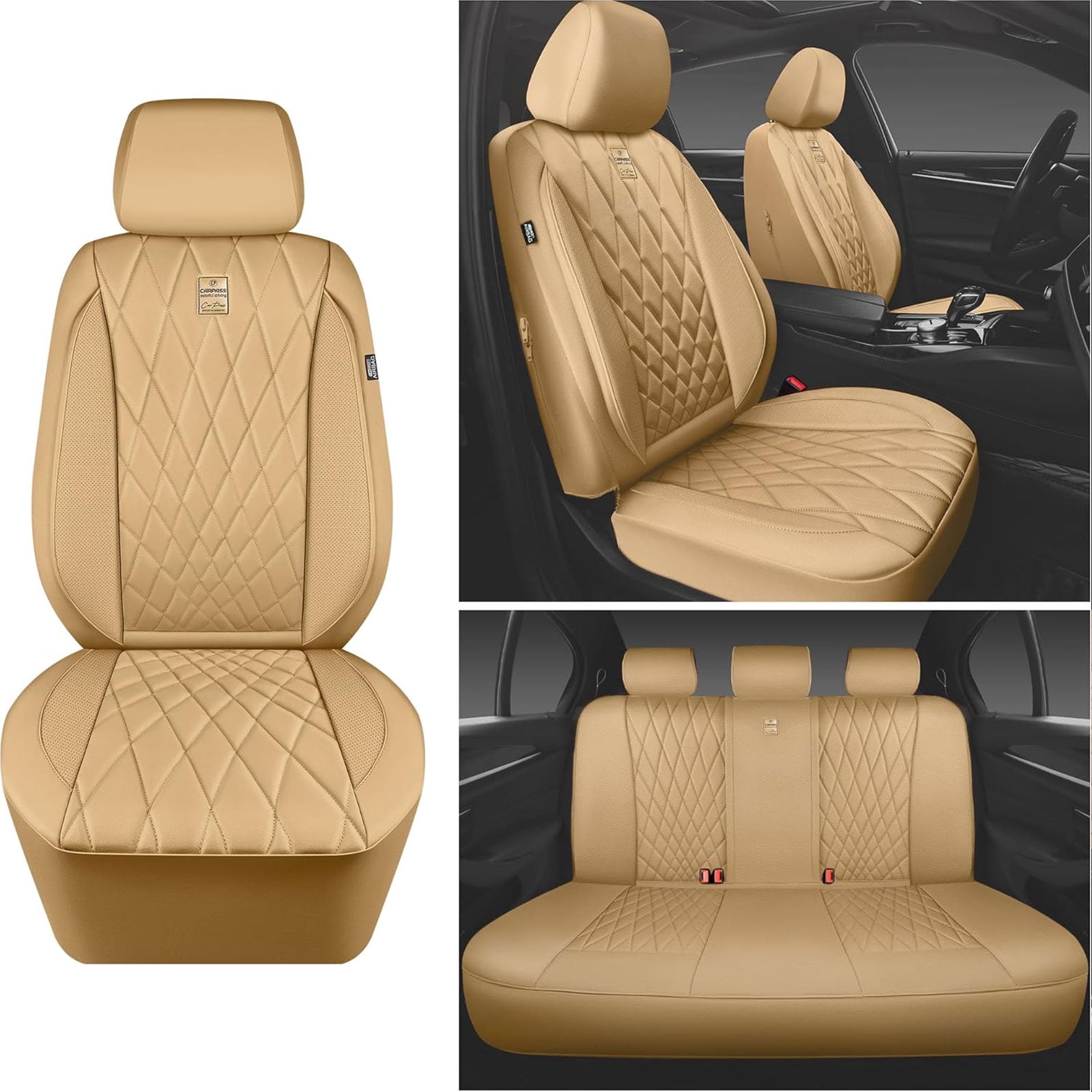 CAR GRAND Piping Luxury Faux PU leather Full Set Car Seat Covers Water Proof Armrest Airbag Compatible Universal Fit SUV VAN Truck All beige