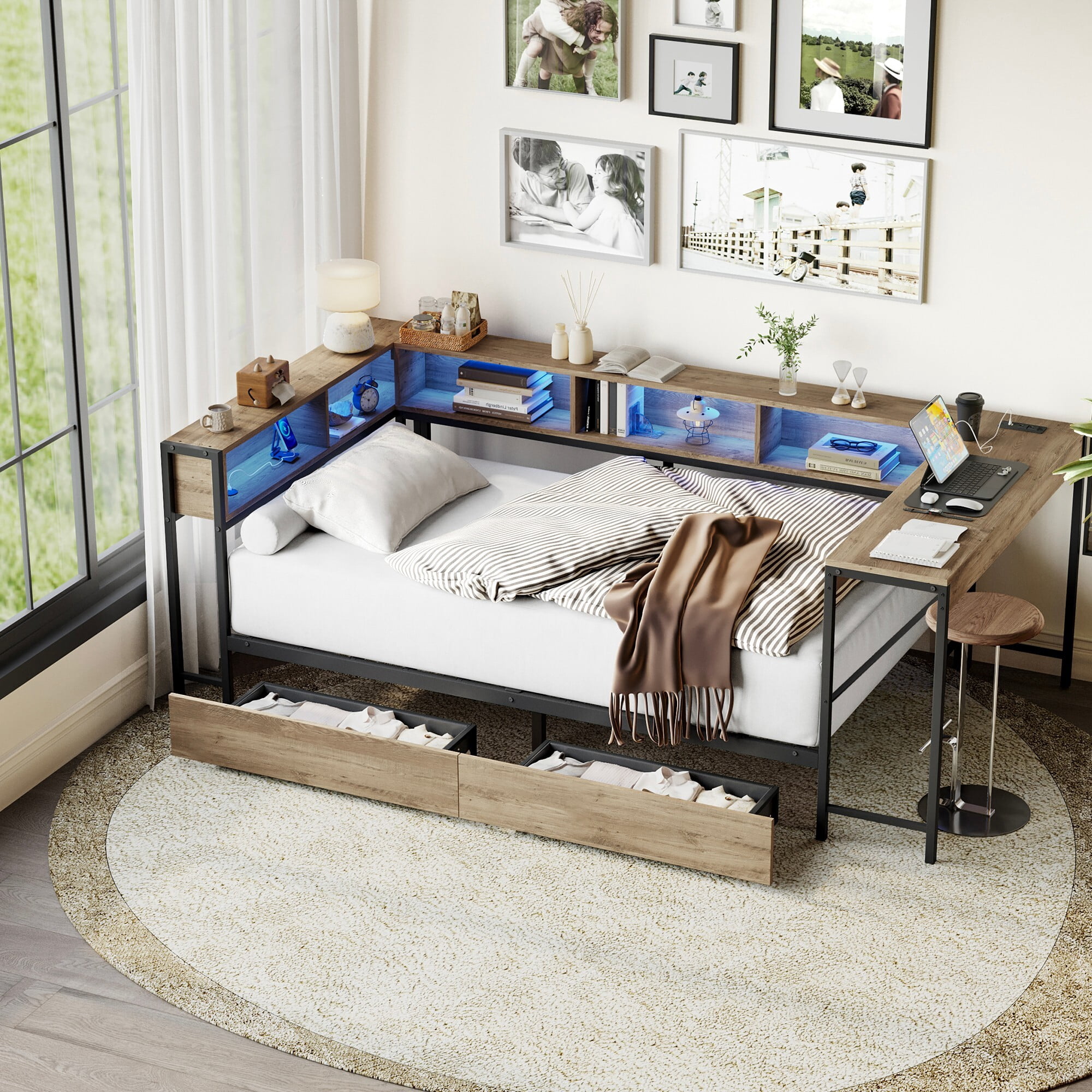 AENKYO Twin Size Corner Daybed with Desk & Bookcase, Bed Frame with LED Lights, Charging Station, Drawers, Gray