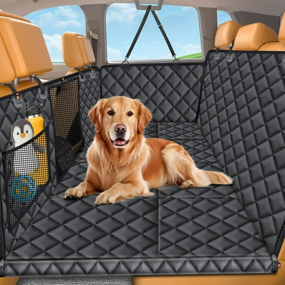 Backseat Extender for Dogs - Hard Bottom Dog Car for Back Seat Foldable Dog Hammock for Car SUV and Truck Pet Rear Seat Protector Dogs Travel Bed with Mesh Window & Side Flaps