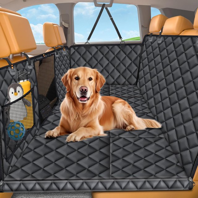 Backseat Extender for Dogs - Hard Bottom Dog Car for Back Seat Foldable Dog Hammock for Car SUV and Truck Pet Rear Seat Protector Dogs Travel Bed with Mesh Window & Side Flaps