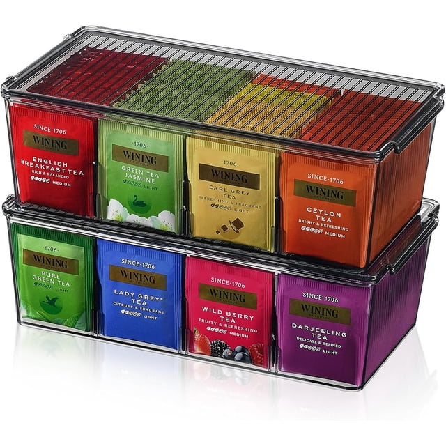 Lifewit 2 Pack Plastic Stackable Tea Bag Organizer, Divided Storage Bin Box for Kitchen Cabinets, Countertops, Pantry, Hold Coffee Pods, Sugar Packets, Condiments, 8 Sections, Black