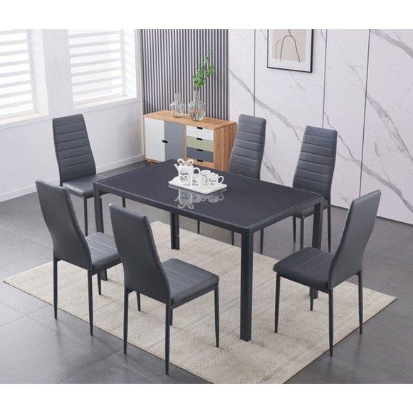 Tempered Grey Glass 7pc Dining Set w Grey Cushion Seats