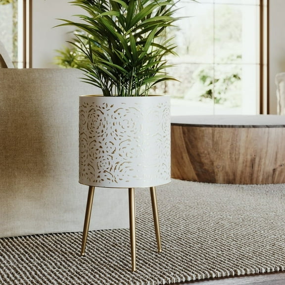 Floral Metal Planter Pot With 3-Leg Gold Metal Base - White & Gold - 24"H x 12.25"W